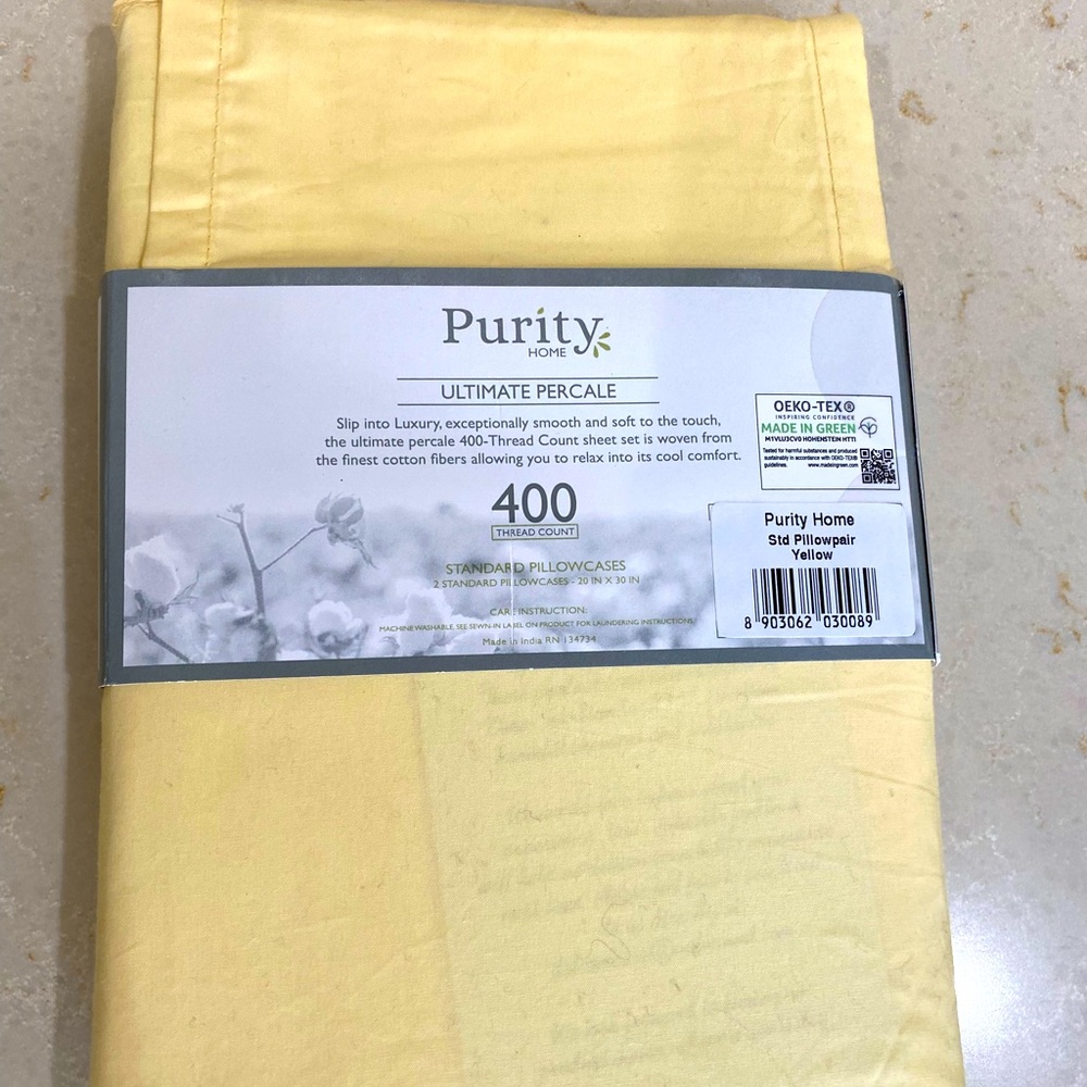 BRAND NEW - Purity Pale Yellow Standard Pillow Cover Set. 400 Thread Count.